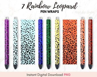 May include: Seven rainbow leopard pen wraps in various colors, including purple, blue, green, yellow, orange, and red. Each pen wrap features a leopard print design. The text "7 Rainbow Leopard Pen Wraps" is at the top.