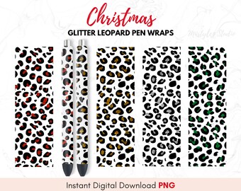 Christmas Glitter Leopard Pen Wrap PNG, Pen Wraps Waterslides, Personalized Glitter Pen Wrap, Ink, Epoxy pen, Instant Digital Download