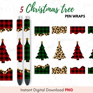 May include: Digital pen wraps with Christmas tree designs. The designs include red and black buffalo plaid, green and black plaid, and leopard print patterns. The image also includes the text "5 Christmas tree PEN WRAPS" and "Instant Digital Download PNG".