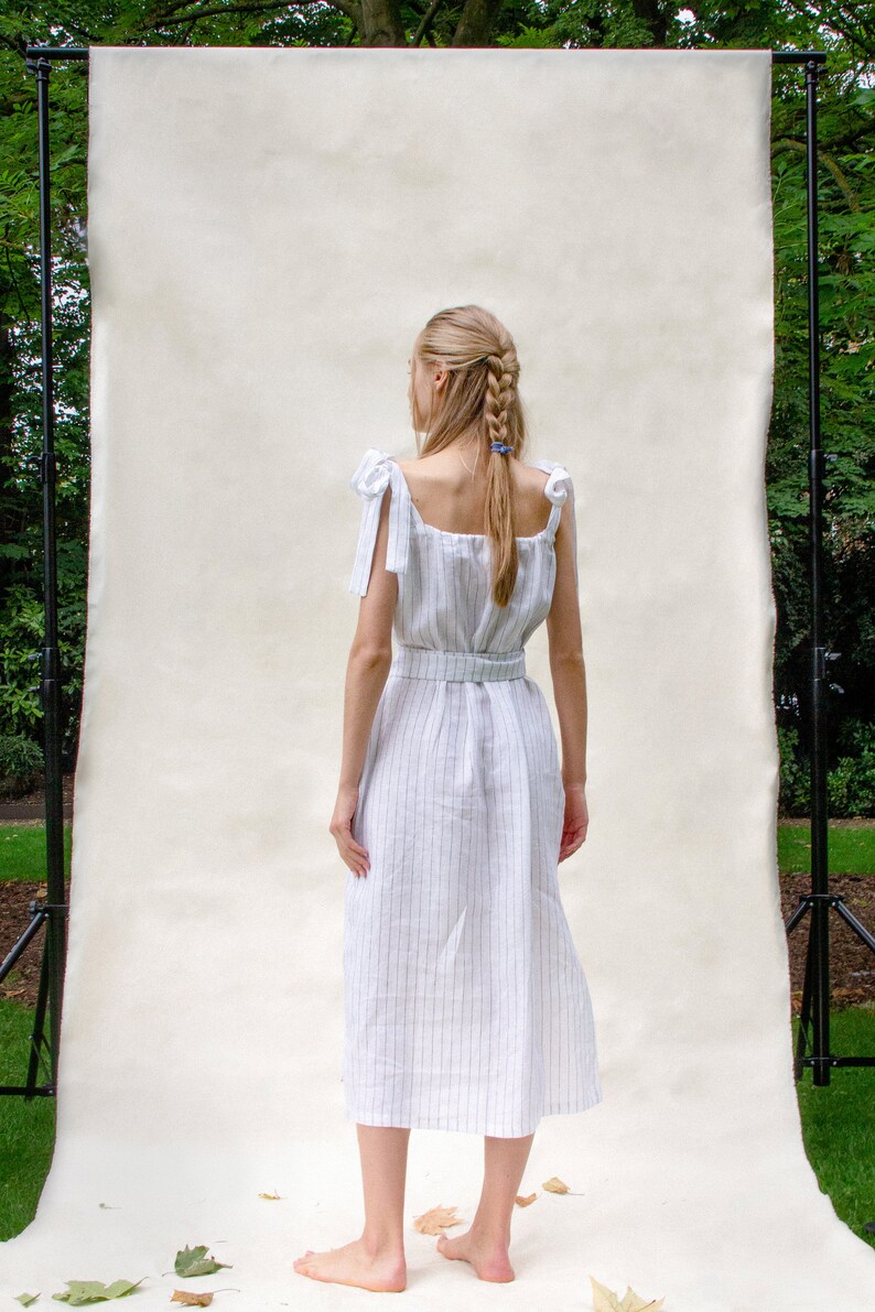 White & Navy Pinstripe Shoulder-tie Dress 100% Irish Linen image 2