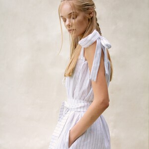 White & Navy Pinstripe Shoulder-tie Dress 100% Irish Linen image 3