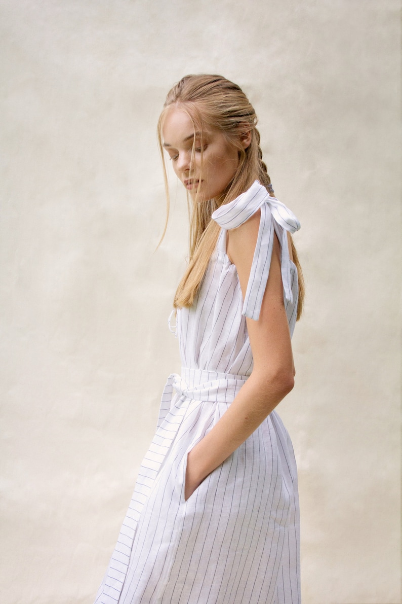 White & Navy Pinstripe Shoulder-tie Dress 100% Irish Linen image 3