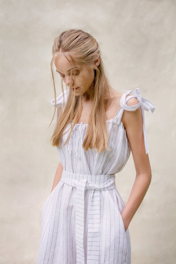 White & Navy Pinstripe Shoulder-Tie Dress - 100% Irish Linen