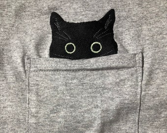Black Cat Embroidered Pocket T-shirt - Etsy Black Cat Embroidered Pocket T-shirt - Etsy