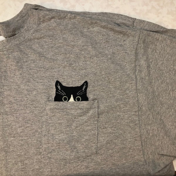 Tuxedo Cat Embroidered Pocket T-shirt