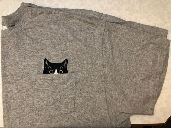 Tuxedo Cat Embroidered Pocket T-shirt | Etsy