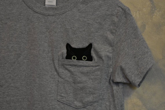 Black Cat Embroidered Pocket T-shirt 