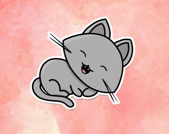 Die cut vinyl sticker with adorable grey cat - high quality and easy to apply - perfect for cat lovers and laptop owners