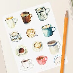 Aquarell Kaffeebecher und Tassen Aufkleber - Planer und Journal Dekor - Scrapbooking Verzierungen - Perfekt zum Organisieren und Basteln