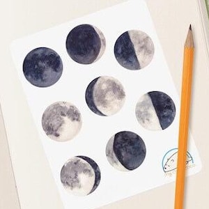 Stickers aquarelle céleste phases de lune pour carnets, albums de scrapbooking et agendas - Stickers cycle lunaire