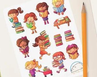 Adorable Girls Reading Books Stickers - Perfect for Planners, Diaries, Organizers, and Journals - Cute People Icons for Scrapbooking