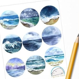 Pegatinas de acuarela de mar y playa para agendas, diarios y álbumes de recortes: adornos decorativos con temática oceánica