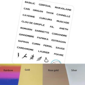 Etichette laminate per erbe e spezie in francese - Adesivi culinari arcobaleno - Oro, Oro rosa, Argento - Perfette per organizzare e creare
