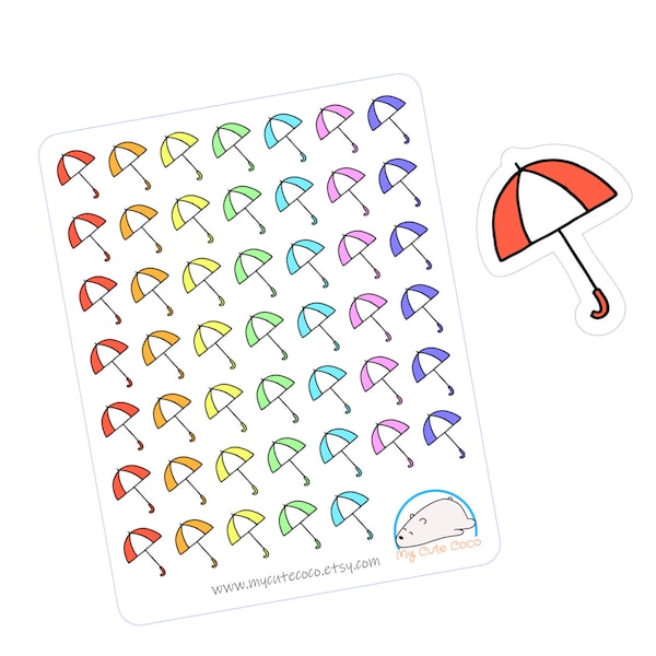 Colorful Umbrella Stickers in Rainbow Shades - Perfect for Decorating Planners, Journals, Diaries, Scrapbooks - White Paper or Clear Vinyl