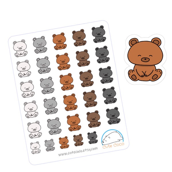 Cute Bear Stickers - Rainbow Hand-Drawn Icons for Planners, Journals, Organizers, and Scrapbooks - White Paper & Transparent Vinyl