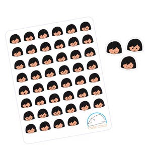 Stickers expressifs pour agenda - dessins d'émotions mignons et petites icônes pour le scrapbooking et le bricolage - Stickers visage cheveux foncés pour carnets