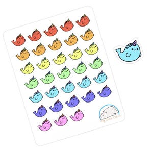 Stickers narval colorés - Animaux marins mignons pour la créativité et le bricolage - Parfaits pour les agendas, les journaux, les organisateurs et les albums
