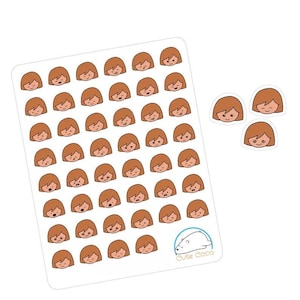 Pegatinas de emociones expresivas para agendas: iconos de caras adorables con cabello castaño: ideales para diarios y organizadores