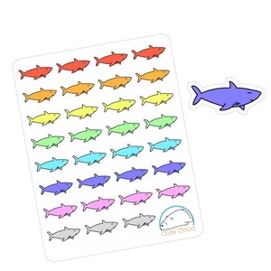 Adesivos de tubarão fofos - decalques coloridos desenhados à mão - criaturas do oceano Kawaii para diários e organizadores - designs artesanais exclusivos