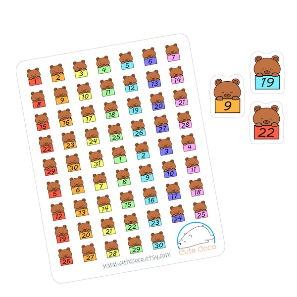 Niedliche Peek-a-Boo Bär Datum Sticker - Kleine Countdown-Icons für Kalender, Planer, Organizer und Organizer - Niedliche Dekorationen für die Organisation