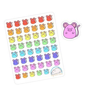 Schattige muisstickers - kleurrijke handgetekende planner- en dagboekpictogrammen - kawaii dierenstickers op wit papier of doorzichtig vinyl