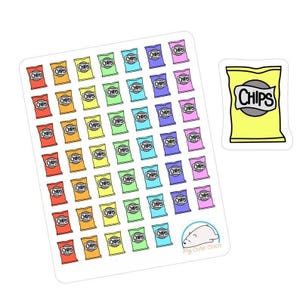 Pegatinas de bolsas de patatas fritas con colores vivos para agendas, diarios y revistas: divertidos iconos de comida para álbumes de recortes