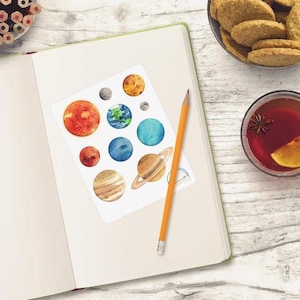 Aquarel stickers zonnestelsel - planner en dagboek versieringen - planeet scrapbooking stickers - hemelse thema decoraties voor ambachten