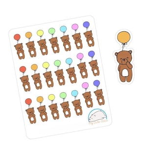 Ours brun mignon tenant des ballons autocollants - agenda et décoration de journal - scrapbooking kawaii - cadeau parfait pour les enseignants et les amoureux des animaux
