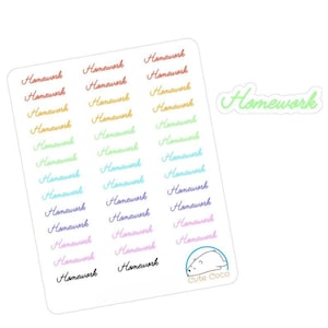 Cute Rainbow Homework Script Font Stickers for Planners and Journals - White Paper or Transparent Vinyl - Handcrafted Colorful Decals