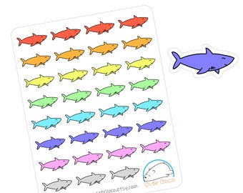 Lindas pegatinas de tiburones - Calcomanías coloridas de planificador dibujadas a mano - Criaturas oceánicas Kawaii para revistas y organizadores - Diseños artesanales únicos