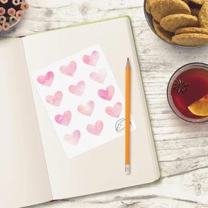 Stickers aquarelle coeur rose - parfaits pour les agendas, organisateurs, agendas et journaux - papier blanc mat ou vinyle transparent