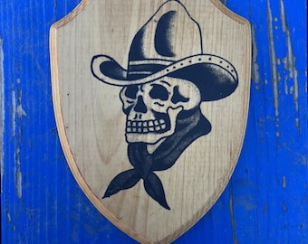 Screen-Printed American Traditional Tattoo Cowboy Skull Wood block