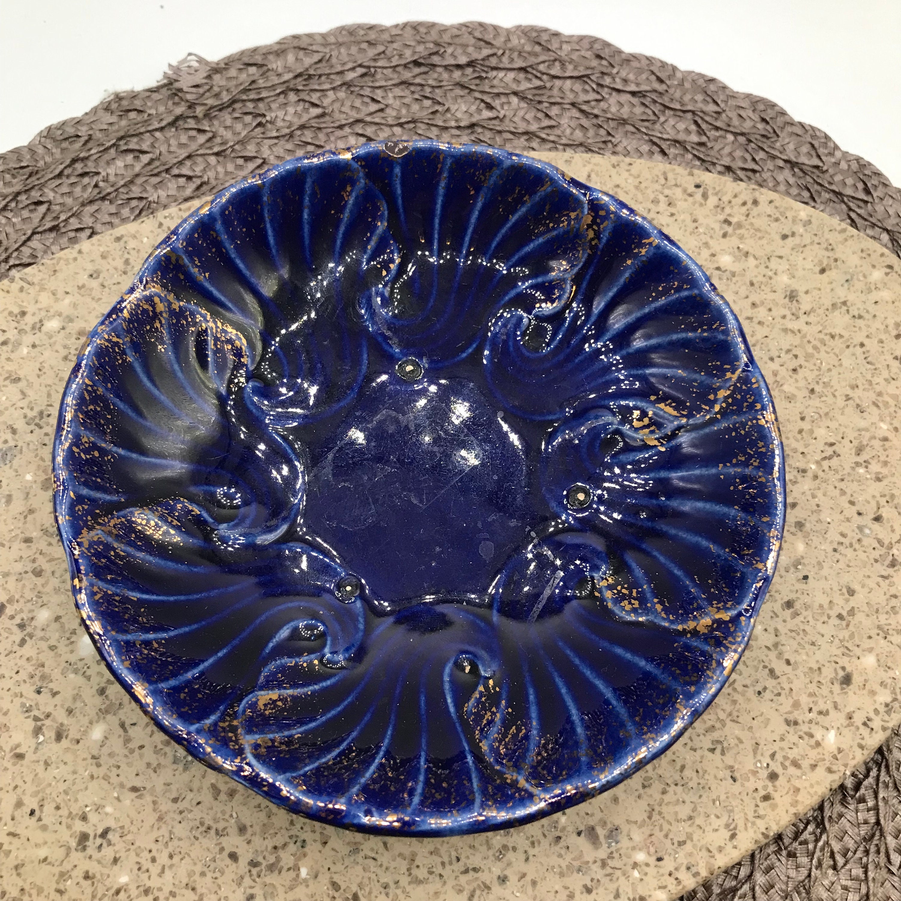 Oyster Plate, Cobalt with Gold Detailing