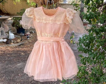 Vtg Peach Tea Party Dress, Child 6T-8