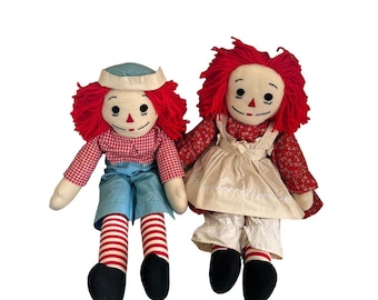 Coppia di bambole di pezza Vtg da 25 pollici Raggedy Ann e Andy,