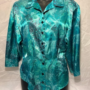 Vintage Aqua Green Silky Blouse, Sitting Pretty of California, USA, Women’s M