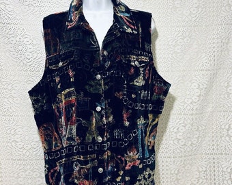 Chicos Elegant Blk Velvet Vest W/Floral Pattern Ladies SZ Large