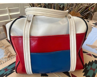 Vintage 70s Vinyl Travel Bag: Red, White & Blue Overnight Tote Luggage