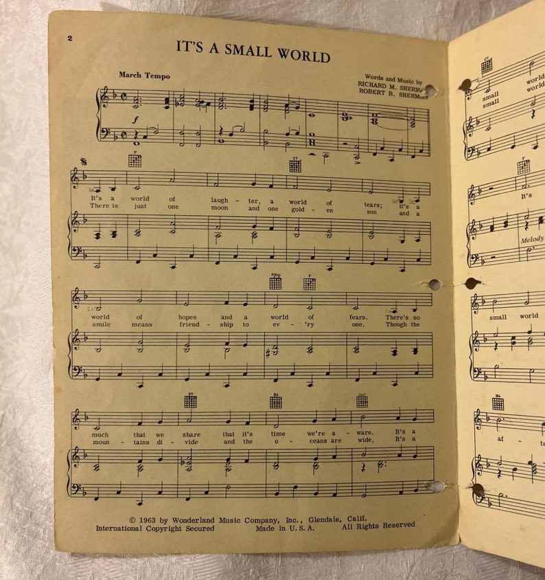 Walt Disney its A Small World 1963 Music Sheet Wonderland Music Co.,inc