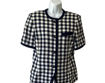 Blusa estilo suéter de tweed a cuadros azul oscuro y blanco de Valerie Stevens, talla 6
