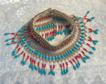 Vtg Egyptian Revival, Cleopatra Style Western Boho Beaded Bib Choker Necklace