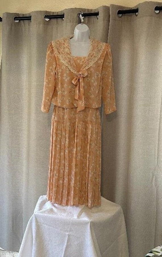 Vtg Peach Floral Lisa II Sheer Dress, Size 12