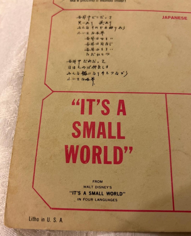Walt Disney its A Small World 1963 Music Sheet Wonderland Music Co.,inc