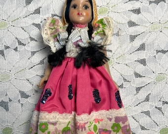 Vtg Mexican folk art doll, Hard Plastic Cultural Dress, 6’ inch Doll