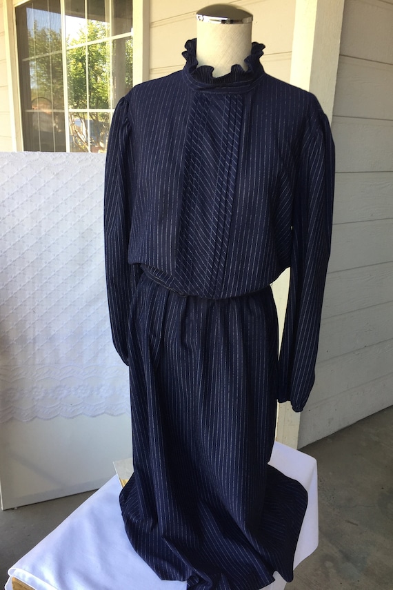 Vtg Sheer Navy Blue Pen Striped Scool Teacher Dres