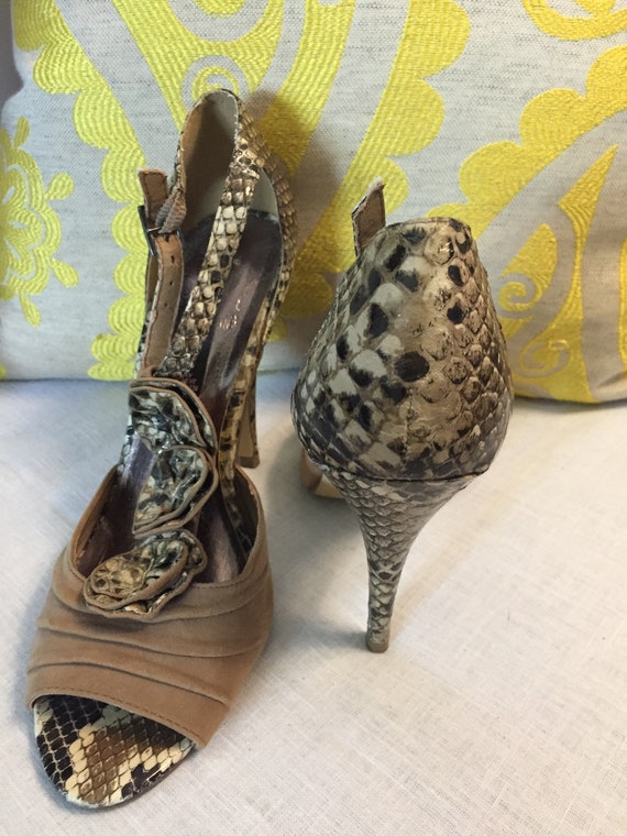 Steve Madden Tan Suede Snake Skin Open Toe Pump - image 2