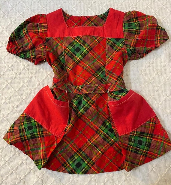 Vtg 60's/70's Girls Red & Green Plaid Apron Dress, - image 4