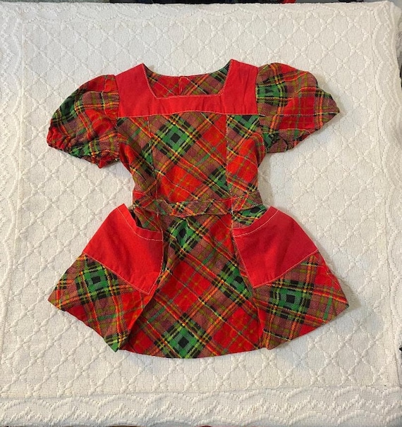 Vtg 60's/70's Girls Red & Green Plaid Apron Dress,