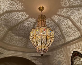 Moroccan Brass Chandelier Pendant Light, Handmade Ceiling Lamp with Color Glass, Large Statement Lighting