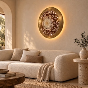 May include: A circular wall-mounted light fixture made of brass with a perforated mandala pattern that emits a warm glow. The metal disc features intricate cutouts in a floral design, creating a soft halo effect against the wall surface.